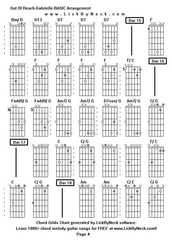 Chord Grids Chart of chord melody fingerstyle guitar song-Out Of Reach-Gabrielle-BASIC Arrangement,generated by LickByNeck software.